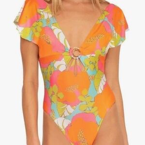 Trina Turk Orange and Pink Floral One Piece Swimsuit